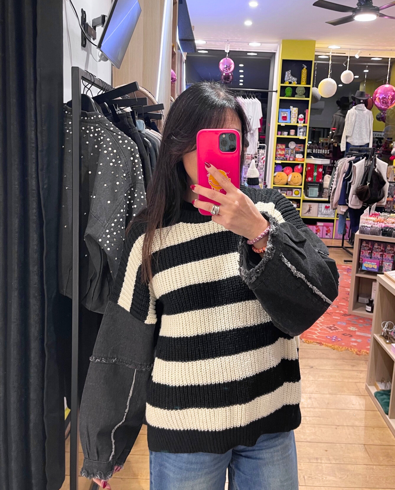 Pullover bi-matière rayé noir et blanc